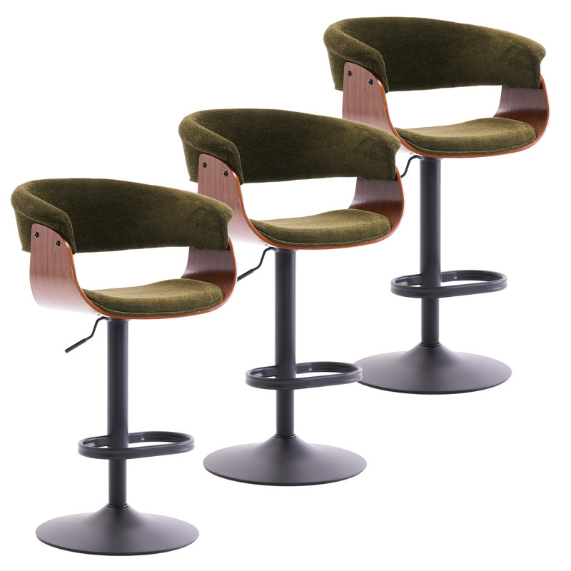 Adjustable Height Bar Stools With Fabric Seat Swivel Stool With Backrest For Kitchen Island, Bar, Home Pub​​, Green, 3