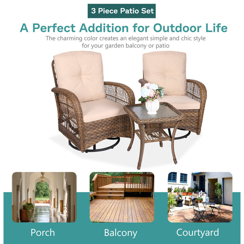 Vreeland 2 - Person Patio Conversation Set with Cushions, Light Brown, Beige