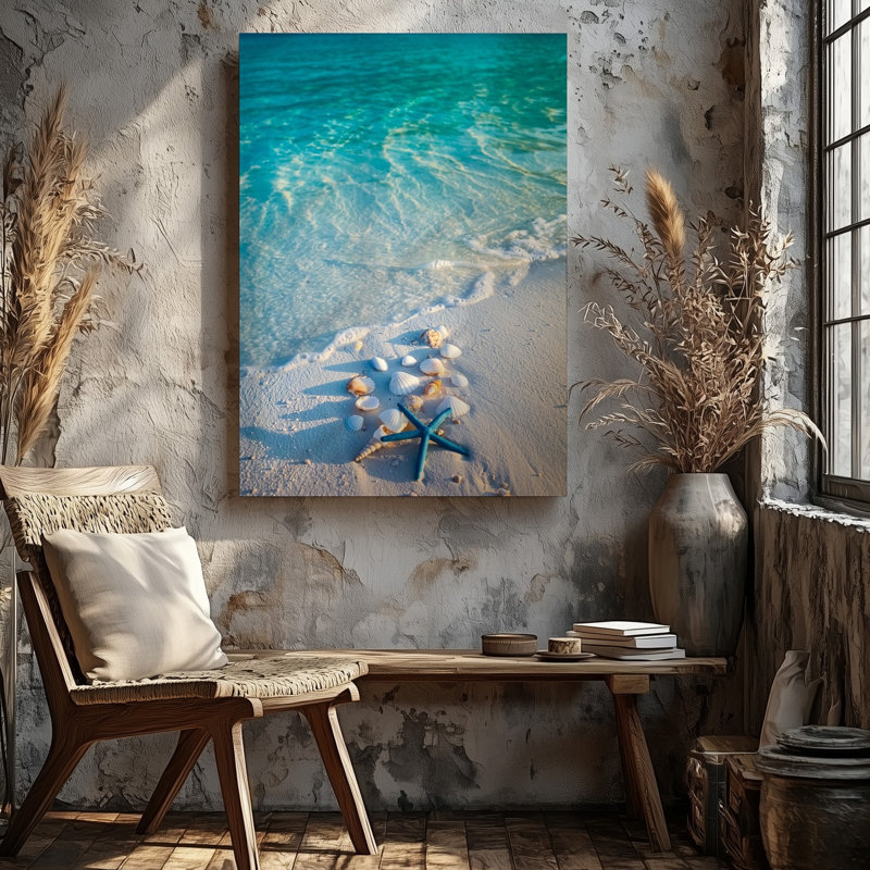 Toile, une scène de plage sereine capturée à midi avec un doux art mural, "Rivage où l'eau turquoise transparente rencontre le sable blanc doux"