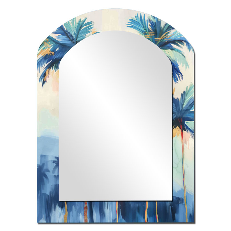 Blue and Gold Palm Tree forest in California I - Blue Arch Decorative Mirror, Traditional Asymmetrical Wall Mirror, Printed Metal Art