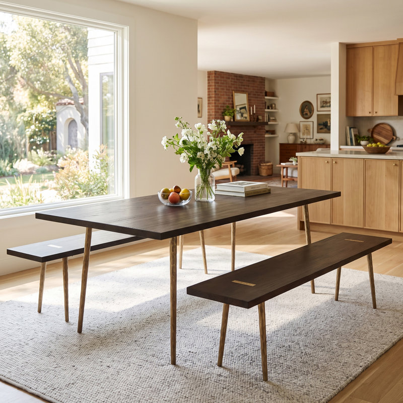 Ensemble de table de salle à manger de luxe à effet grain de bois avec pieds en métal, Brun, 3 pièces: table, 2 bancs