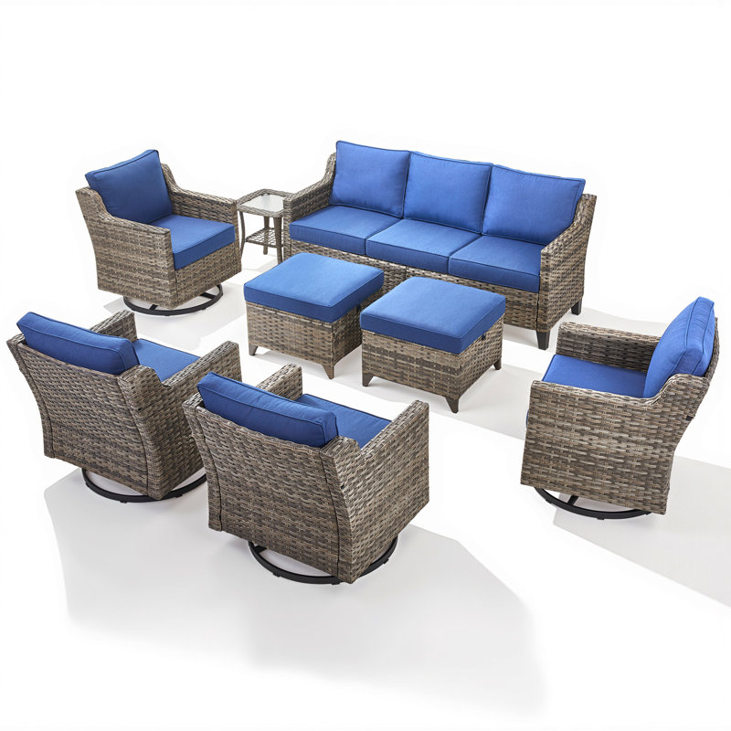Ensemble de conversation de patio 8 pièces, canapé d'extérieur en osier avec 4 fauteuils pivotants, 2 repose-pieds et table d'appoint Maelie