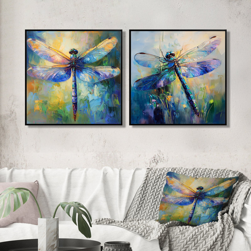 "Blue Blue Dragonfly's Iridescent Wings I", art mural libellule - ensemble d'art mural moderne 2 pièces, H 36 po x l 73 po