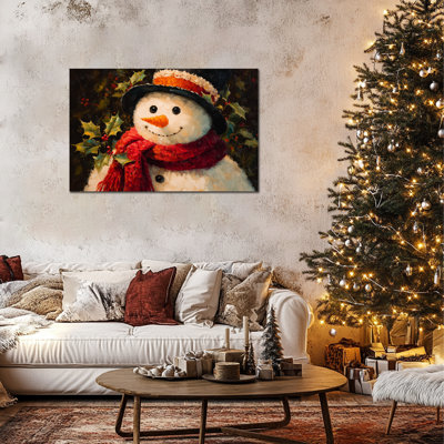 Art mural d'hiver - bonhomme de neige, décoration murale de photos de Noël, impressions d'art de Noël rétro pour le salon, peinture des Fêtes pour toile de décoration encadrée, 24 po x 32 po