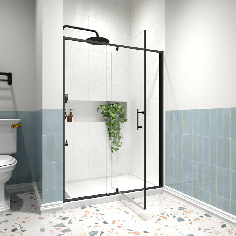 38-42 In. W X 71 In. H Framed Pivot Shower Door With 1/4 In. (6Mm) Tempered Clear Glass, Matte Black