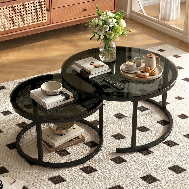 2 Piece Round Glass Nesting Coffee Table Set With Modern Metal Frame, Space Saving Design And Versatile Living Room Side Table Function