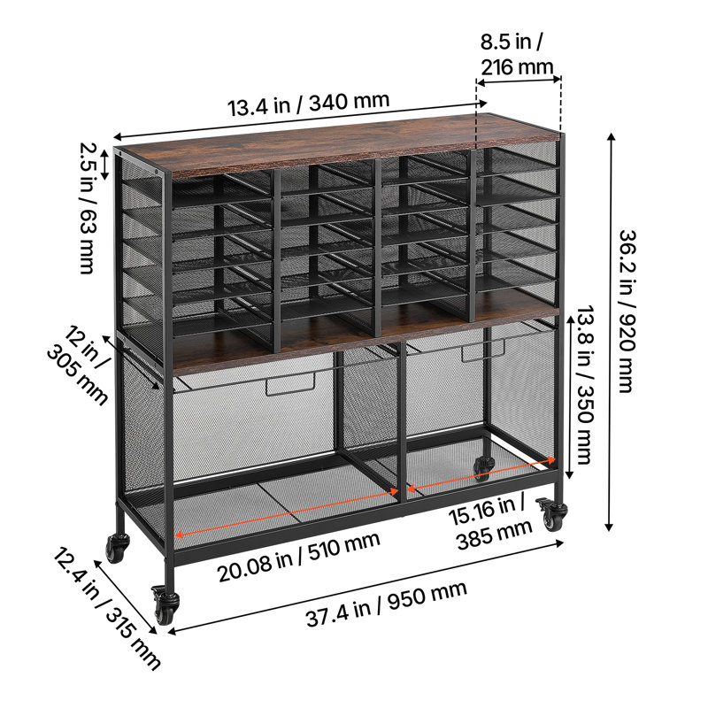 Rolling File Cart 24 Slot Mobile Filing Cabinet with Lockable Wheels, for Home Office Classroom, Large Storage Capacity, Hanging File Folder Mail Organizer, with 264.55 lbs / 120 kg Load, Black