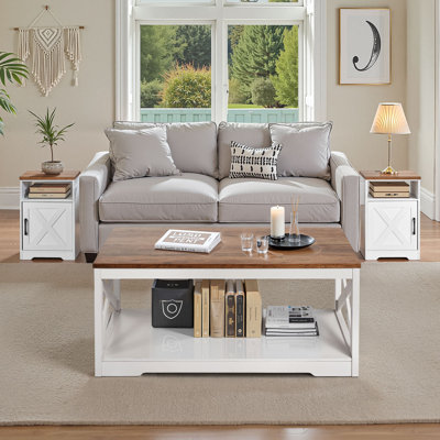 3 Pieces Farmhouse Coffee Table Sets, 40 in Industrial Coffee Table with 2 End Side Tables, Easy Assembly Coffee and End Tables Sets with Charging Sta