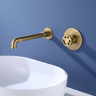 Wall-Mounted 2-Hole Single-Handle Bathroom Faucet in Brushed Gold, Solid Brass Construction, 1.2 GPM Water-Saving Flow