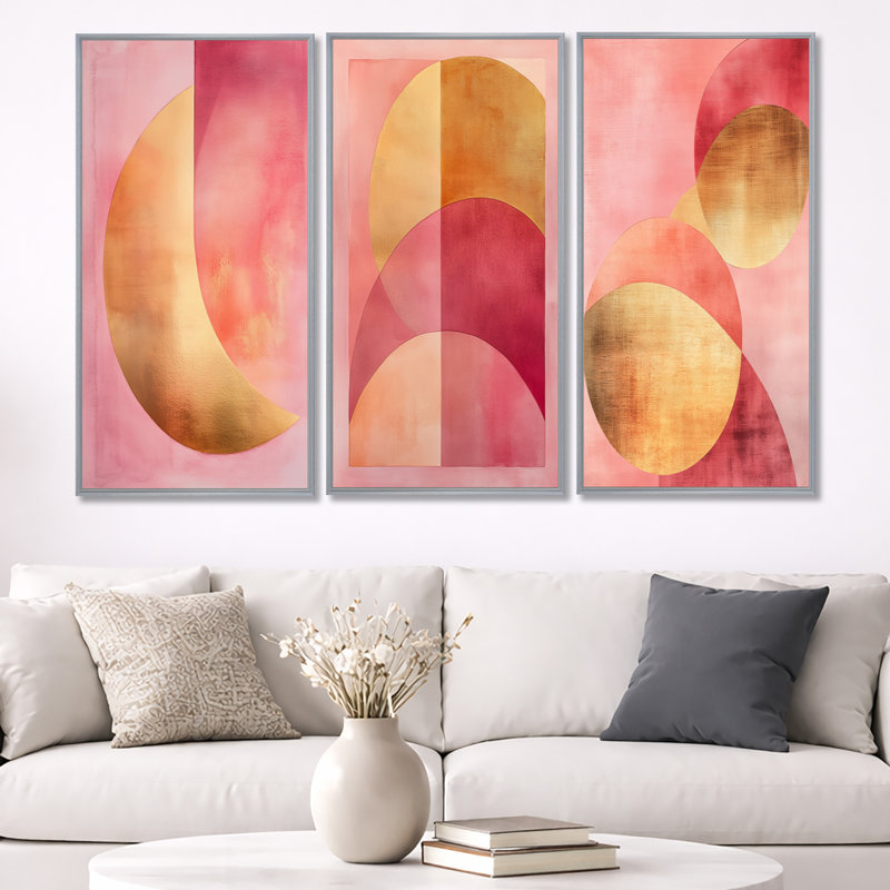 Blush & Gold Arcs - Art abstrait encadré 3 pièces, 40" H x 60" W, Silver Floater Framed