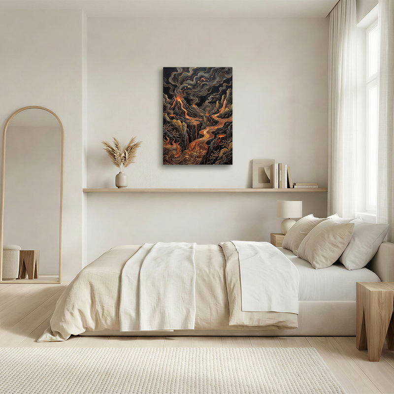 Art mural sur toile stylisé «Dark Mountains with Glowing Lava Rivers», H 30 po x l 20 po