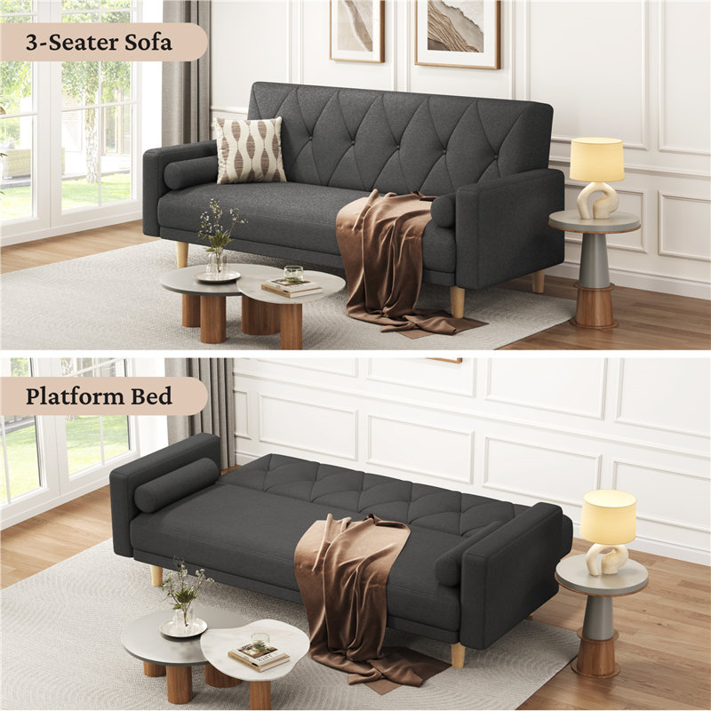 Tufted 3 Seater Sofa Bed, Polyester - Black