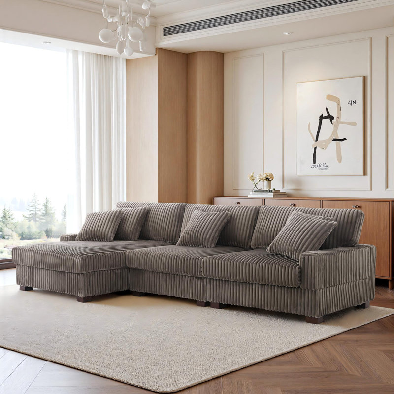 3 Seater Sectional, Light Brown Polyester/Foam Padding