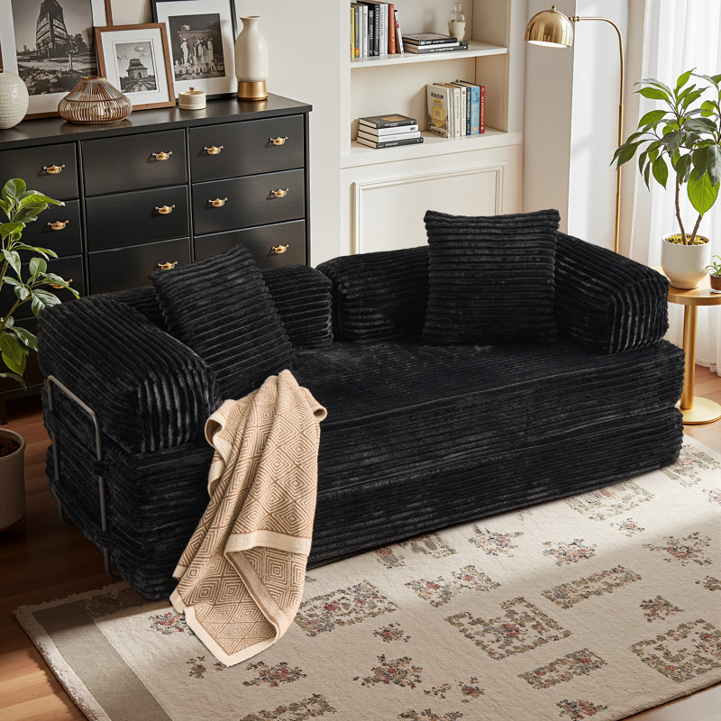 Boneless 80.5'' Mordern Convertible Sleeper Sofa Corduroy Loveseat Sofa Bed, Foldable Floor Couch, Black Plush