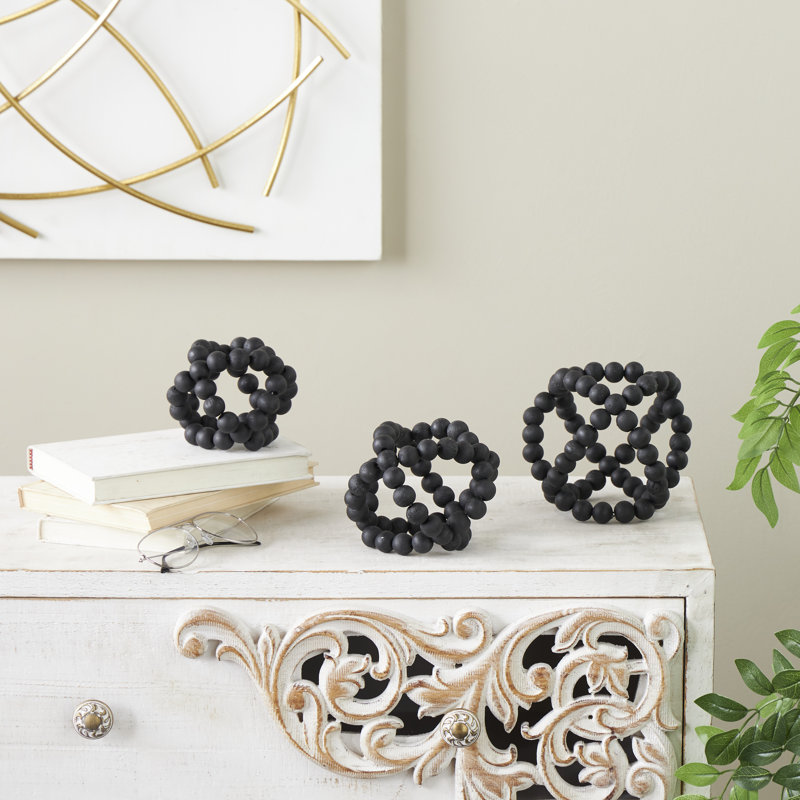 Clayden Wood Beaded Decorative Black Orbs & Vase Filler with Overlapping Rings Set
