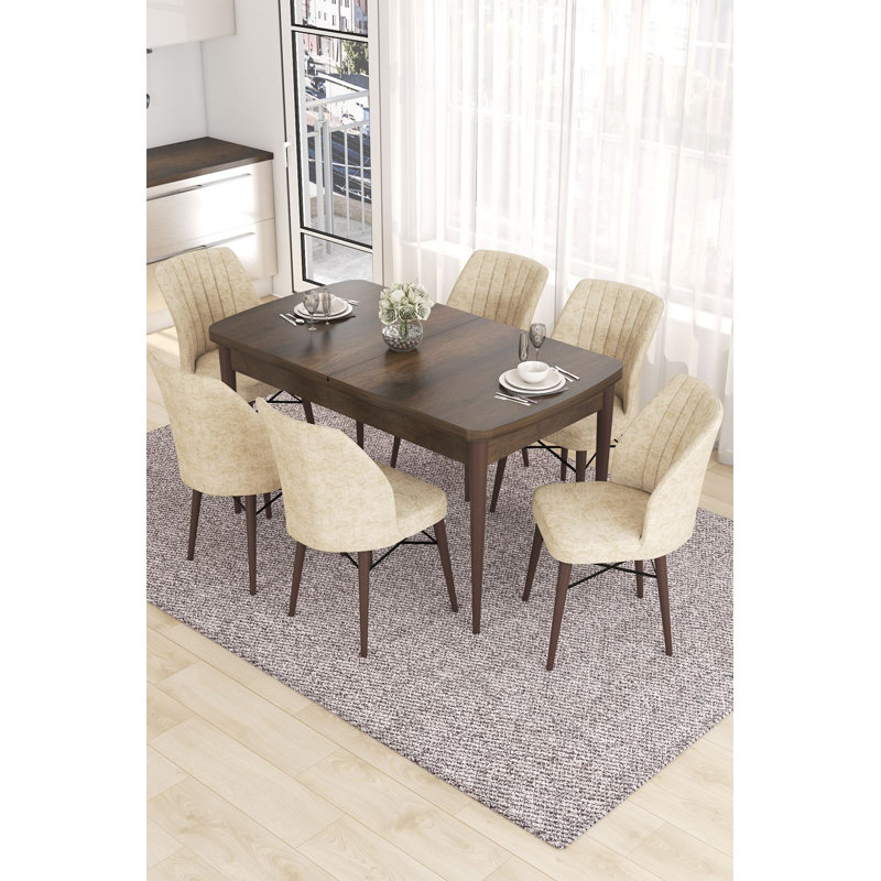 Ensemble de table et chaises de salle à manger extensible (7 pièces), baroque et crème, 51,9 po x 30,7 po x 31,5 po | 100% panneau de fibres à densité moyenne avec pieds en bois et structure en métal | Tissu Jerry confortable, parfait pour les salles à manger modernes, design élégant et fonctionnel