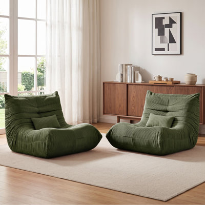 Grand fauteuil à billes pour adultes, ensemble de 2, avec fauteuil lombaire en mousse à mémoire de forme, fauteuil à billes sans accoudoirs géant en velours côtelé, canapé à plancher pour la chambre à coucher, vert