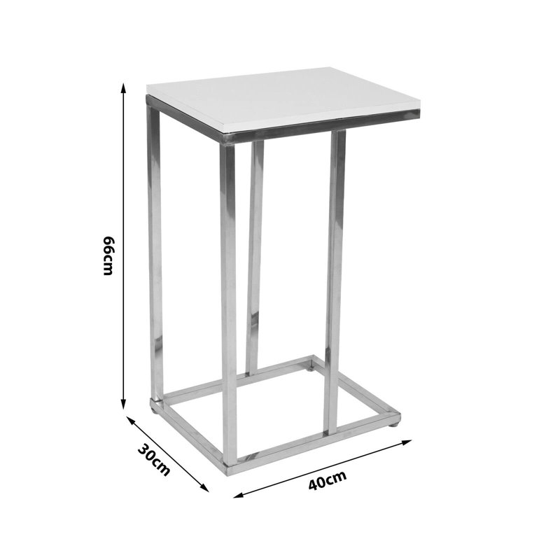 High Gloss White Side Table - C Table Coffee Table - Bed Side Table - Snack Table - Under Sofa Table - End Tables Living Room Chrome Metallic Frame (40D x 30W x 66H)