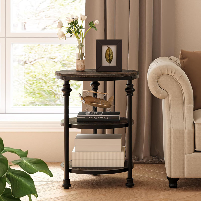 Table d'appoint ronde à 3 niveaux, table d'appoint avec tablette de rangement et pieds en métal, table de chevet / table de chevet pour chambre à coucher, petits espaces, salon