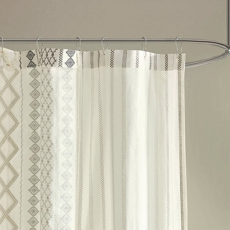 Cotton Printed Shower Curtain With Chenille, Ivory
