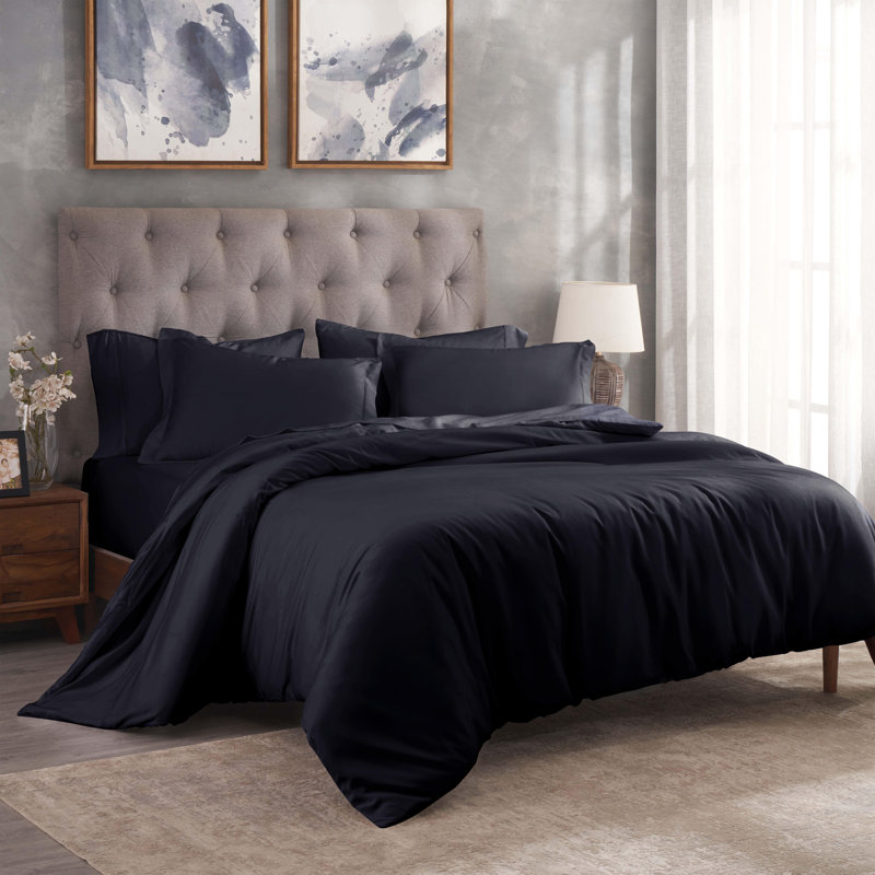 Mitchell Egyptian Cotton Blend 300 Thread Count Solid Duvet Cover Set With Pillow Shams, Navy Blue