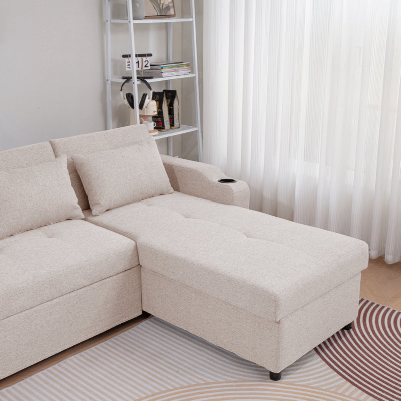 Canapé-lit à dossier réglable 84 po, canapé-lit 3 en 1 avec ports USB et porte-gobelets, Tissu beige