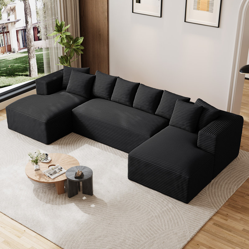Canapé modulaire surdimensionné avec coussins Adame Boneless Compression, Velours côtelé noir, En form de U, Symétrique
