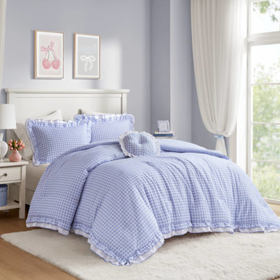 Couette pour lit double/queen avec double volant, deuxième couche douce, oreiller rond, lavable à la machine et infroissable, imprimé, motif, microfibre, toutes saisons