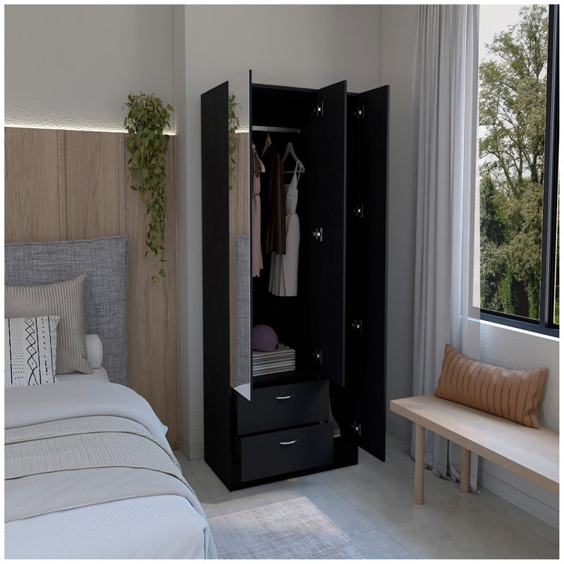 Armoire à miroir 3 portes Riverside avec deux tiroirs, quatre tablettes et une tringle, Noir