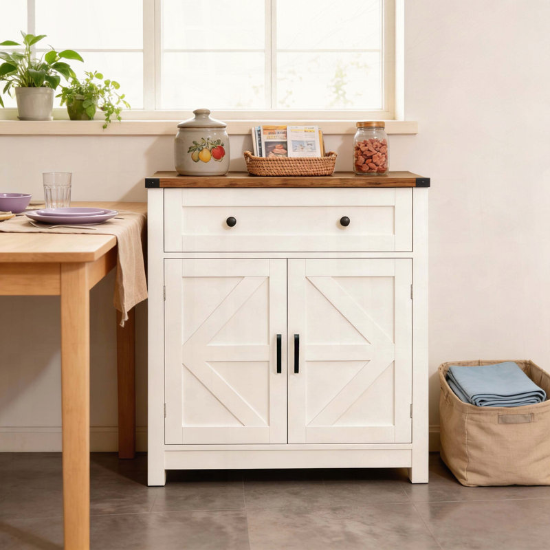 White & Wood Farmhouse Barn-Door Cabinet, White/Oak