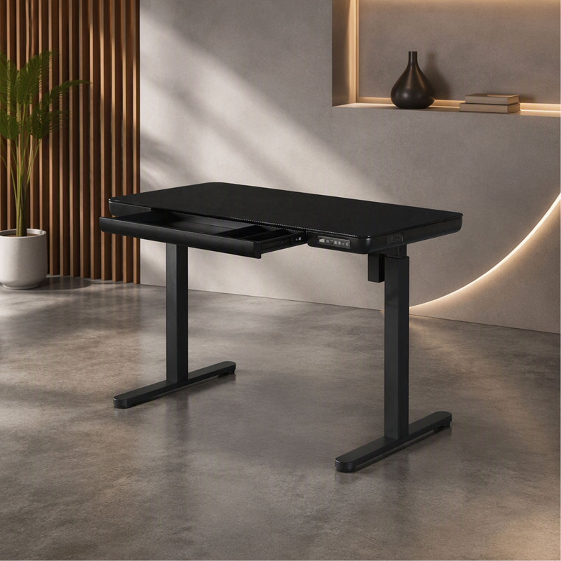 48" Electric Height-Adjustable Standing Desk with Tempe Glass Top & Drawer,, Black
