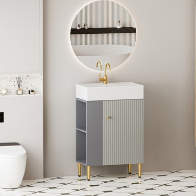 Meuble-lavabo gris avec lavabo en céramique et rangement ouvert bien pensé, lavabo contemporain à porte de 21,6 po 24Vb06-21Mgl