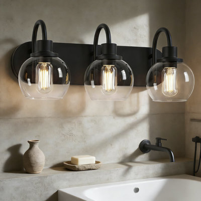 Luminaire de meuble-lavabo moderne à 3 lumières avec abat-jour en verre transparent, base en métal noir mat pour éclairage en miroir, applique murale pour salle de bain, chambre à coucher ou couloir