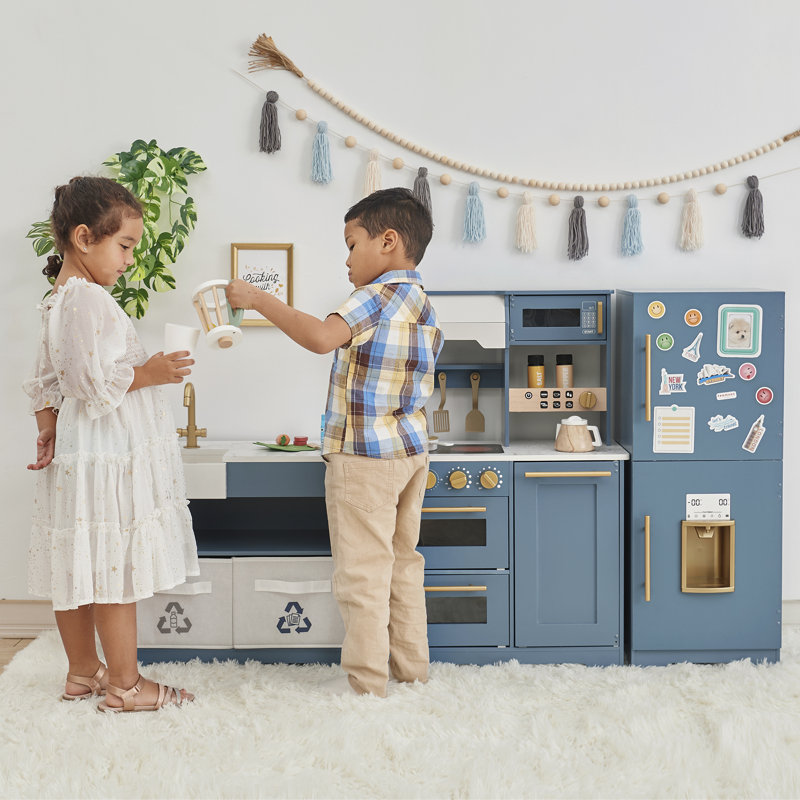 Cuisine modulaire en bois pour enfants Teamson Kids Little Chef Atlanta +17 Accessoires et jouets interactifs, Bleu / doré