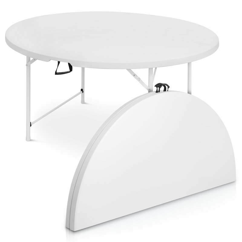 Table ronde en plastique pliable ronde avec cadre en acier pliable et poignée de transport, H 29,5 po x L 60 po x P 60 po