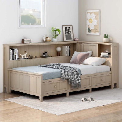 Wood daybed with storage shelves and 3 drawers