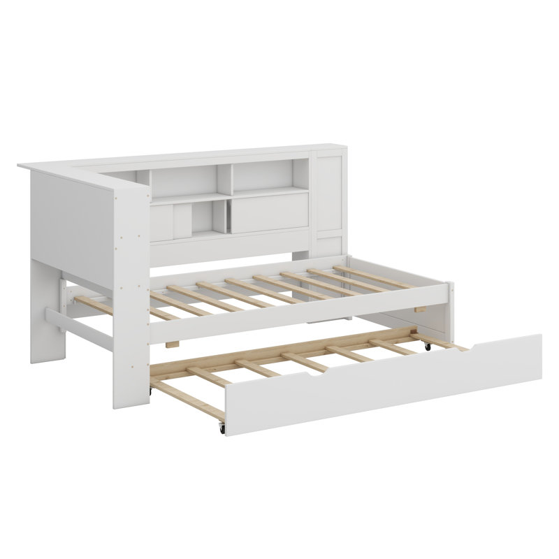 Daybed With Storage Shelves, USB And Trundle, White