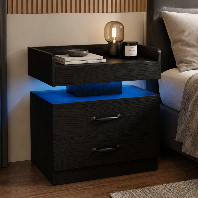 2-Drawers Black LED Nightstand With Built-in Charging Station & Floating Top Shelf