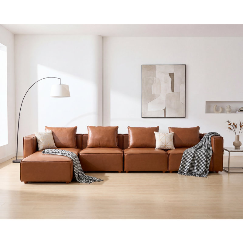 Canapé modulaire rembourré en cuir 5 pièces de 152,76 po de largeur, Cuir brun