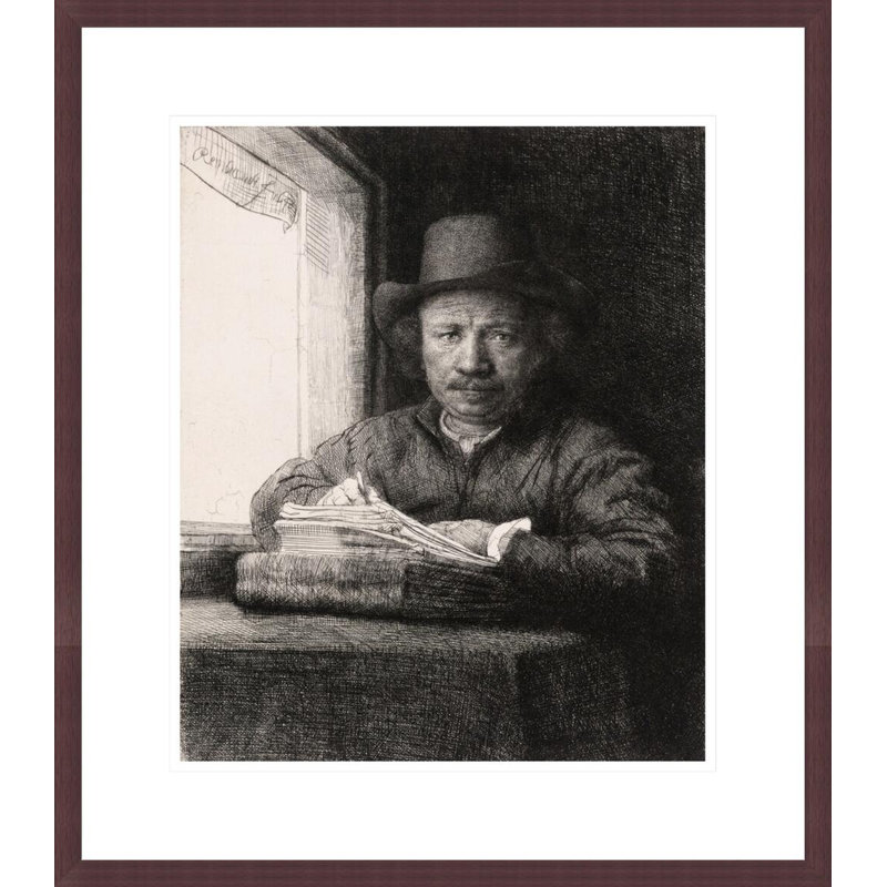 Autoportrait, dessin à la fenêtre par Rembrandt van Rijn - Impression giclée encadrée, H 20,25 po x l 17,75 po