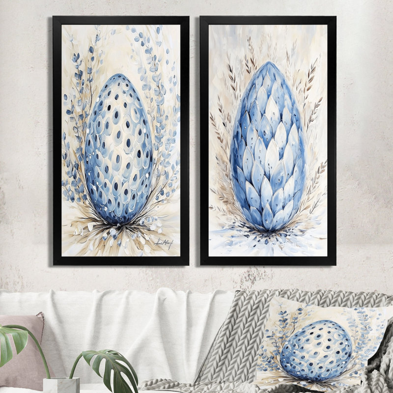 «Aqua Dragon Egg I - Dragons», ensemble d'art mural abstrait moderne, ensemble de 2, H 32 po x l 32 po, Black Picture Framed