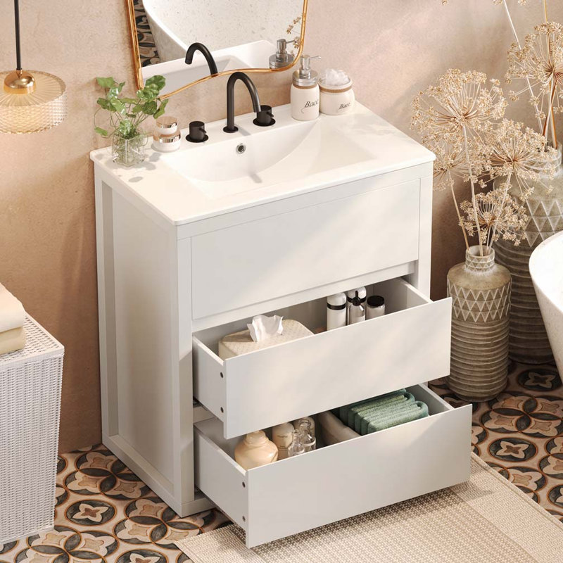 Meuble-lavabo 30 po avec lavabo en céramique et 2 tiroirs pleine extension, Blanc