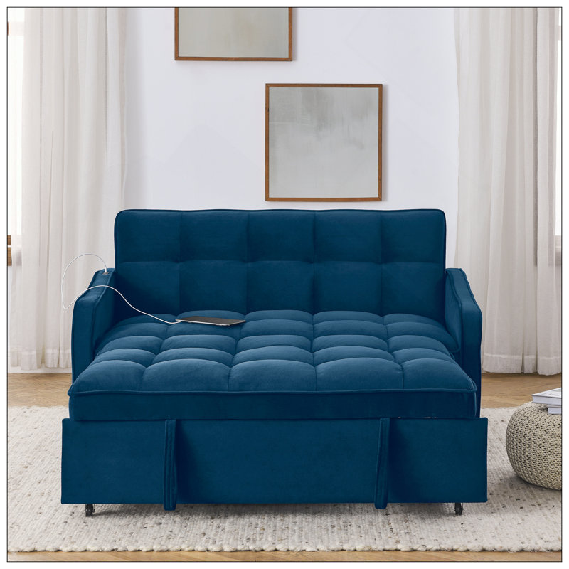 Loveseats Sofa Bed With Pull-Out Bed,Adjsutable Back And Two Arm Pocket,Typec And USB Charging With Copper Nail,Blue (47"X53"X31")