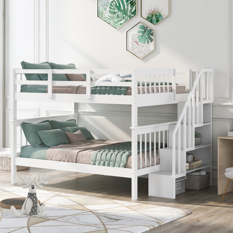 Lit superposé double sur escalier avec rangement et garde-corps pour chambre à coucher, dortoir, couleur blanche, Blanc