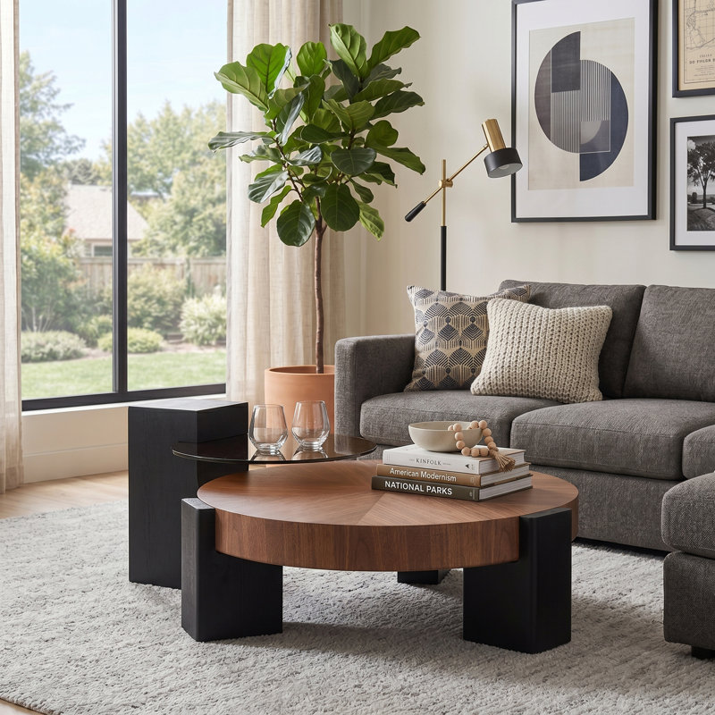 Modern 2-Piece Nesting Coffee Table Set, Round Wood Grain Media Table and Glass Side Table with Solid Legs