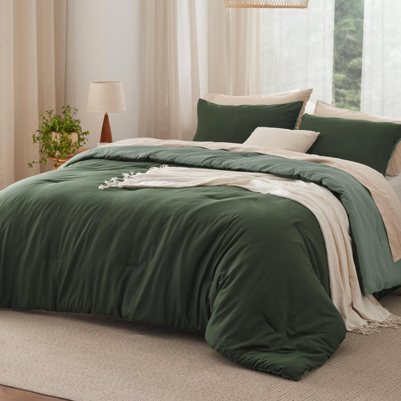 Bedsure Reversible Prewashed Comforter Set, Dark Olive Green/Green, King Comforter + 2 Standard Pillowcases