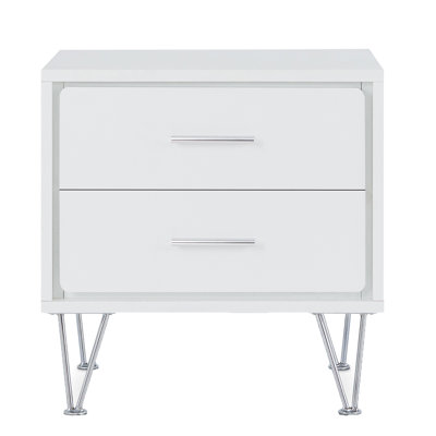 Bureau minimaliste blanc à 2 tiroirs avec pieds en épingle à cheveux pour une table d'appoint compacte à la mode avec deux tiroirs et pieds