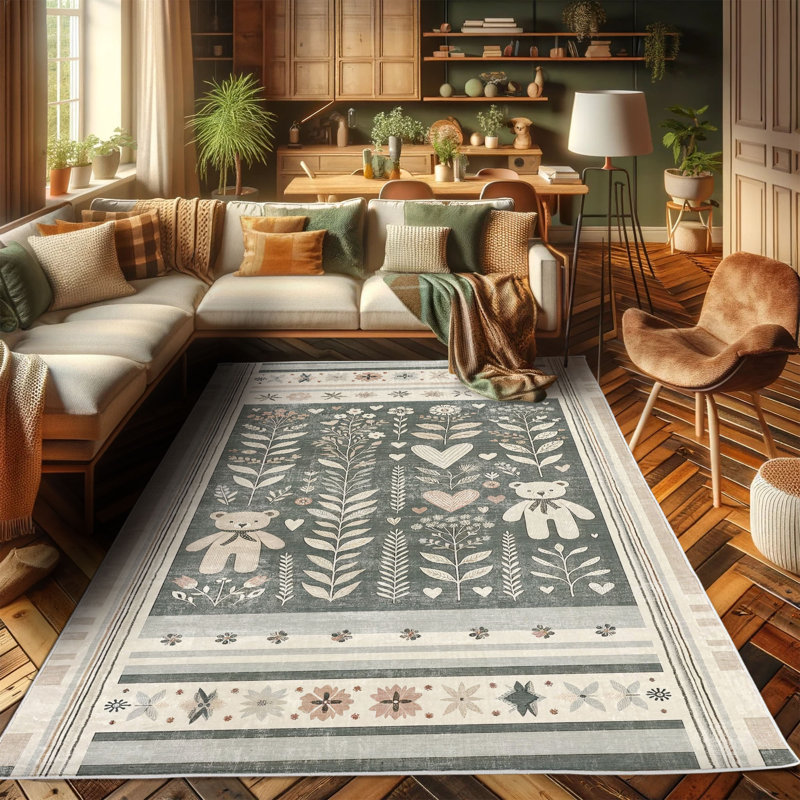 Nordic Botanical Motif Blue Synthetic Area Rug
