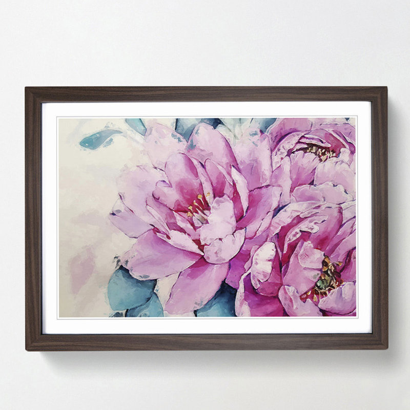 Watercolour Pink Peonies in Abstract - Picture Frame Painting Print, Walnut, 60cm H x 91cm W x 2cm D