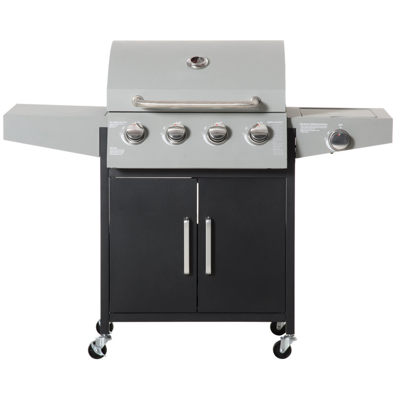 Outsunny 4 - Burner Portable Liquid Propane Gas Grill with Cabinet, Black